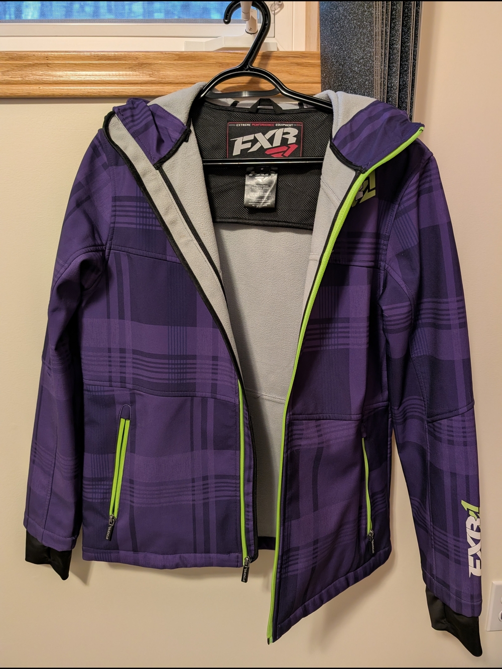 Women's Purple Plaid Softshell Jacket with Lime Trim